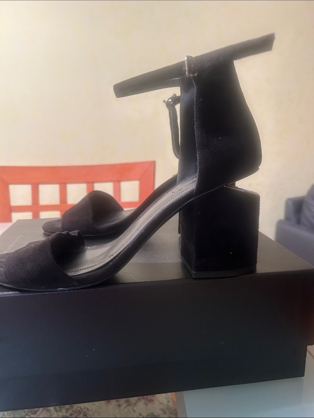 Alexander Wang Black Suede Ankle Strap Block Heels 2.5 inch